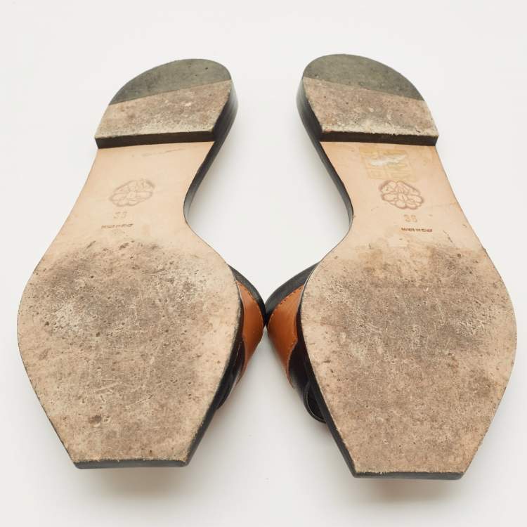 Pre Owned Alexander McQueen Brown/Black Leather Flats Slide Size 36