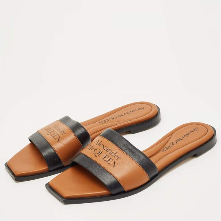 Pre Owned Alexander McQueen Brown/Black Leather Flats Slide Size 36