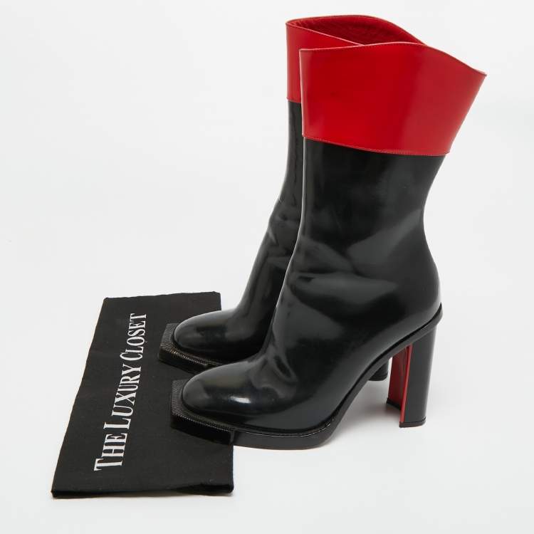 Pre Owned Alexander McQueen Red/Black Patent Leather Hybrid  Calf Length Boots Size 38