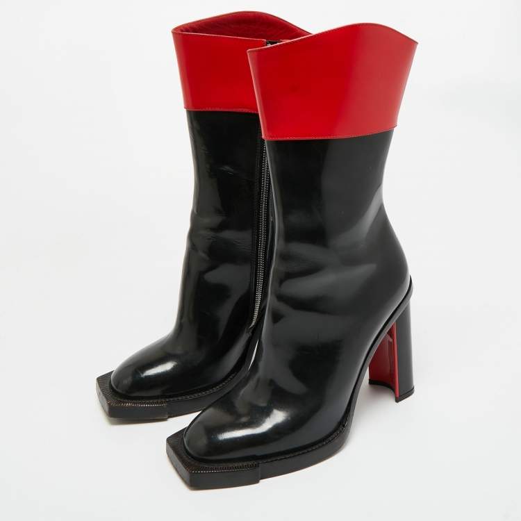 Pre Owned Alexander McQueen Red/Black Patent Leather Hybrid  Calf Length Boots Size 38