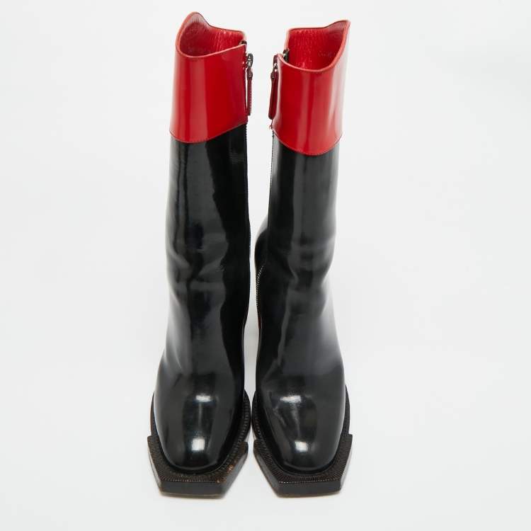 Pre Owned Alexander McQueen Red/Black Patent Leather Hybrid  Calf Length Boots Size 38