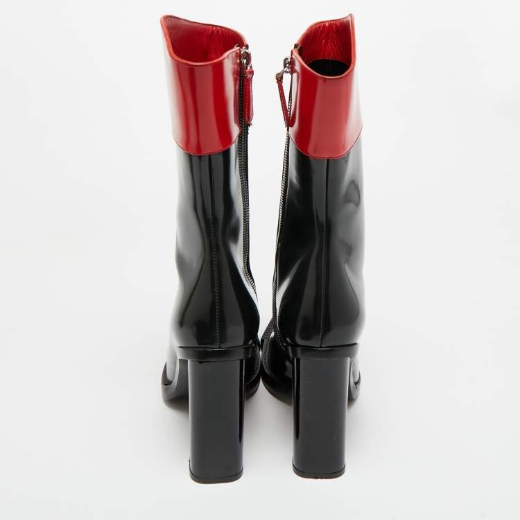 Pre Owned Alexander McQueen Red/Black Patent Leather Hybrid  Calf Length Boots Size 38