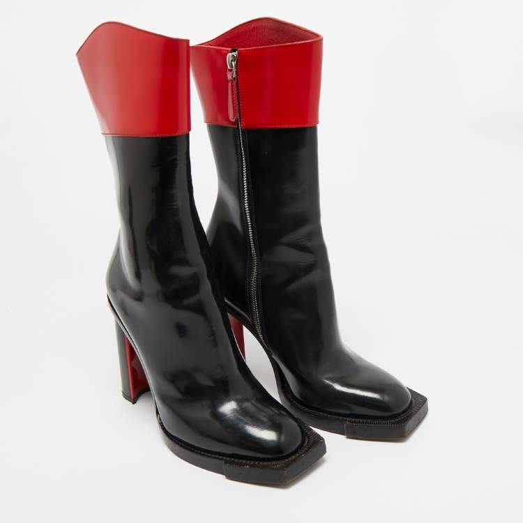 Pre Owned Alexander McQueen Red/Black Patent Leather Hybrid  Calf Length Boots Size 38