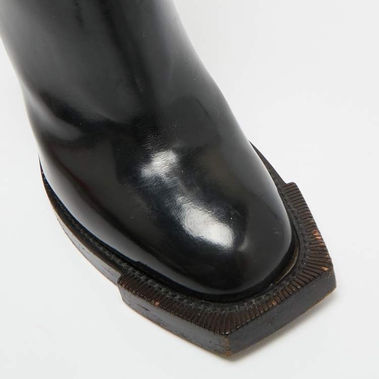 Pre Owned Alexander McQueen Red/Black Patent Leather Hybrid  Calf Length Boots Size 38