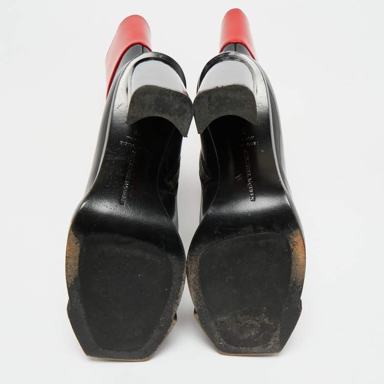 Pre Owned Alexander McQueen Red/Black Patent Leather Hybrid  Calf Length Boots Size 38