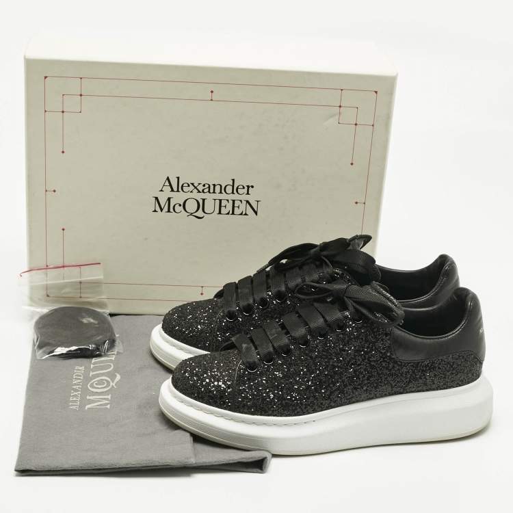 Pre Owned Alexander McQueen Black Glitter and Leather Oversized Sneakers Size 39