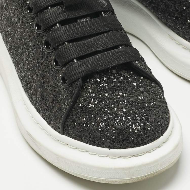 Pre Owned Alexander McQueen Black Glitter and Leather Oversized Sneakers Size 39