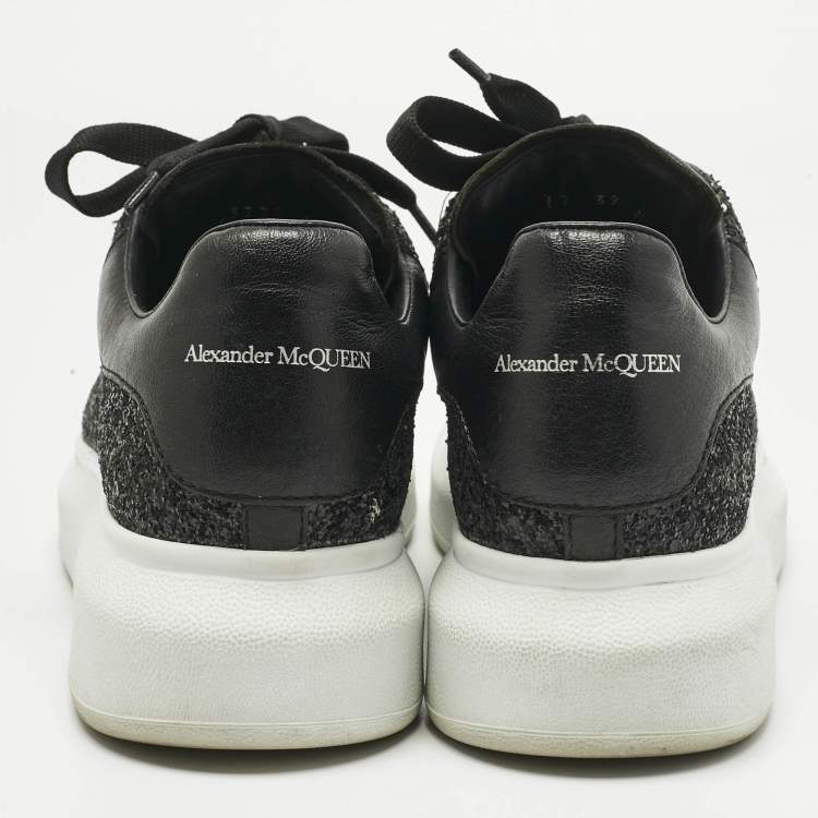 Pre Owned Alexander McQueen Black Glitter and Leather Oversized Sneakers Size 39