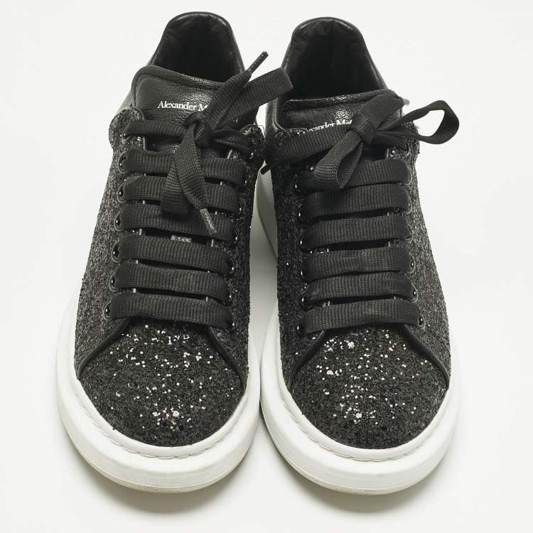 Pre Owned Alexander McQueen Black Glitter and Leather Oversized Sneakers Size 39