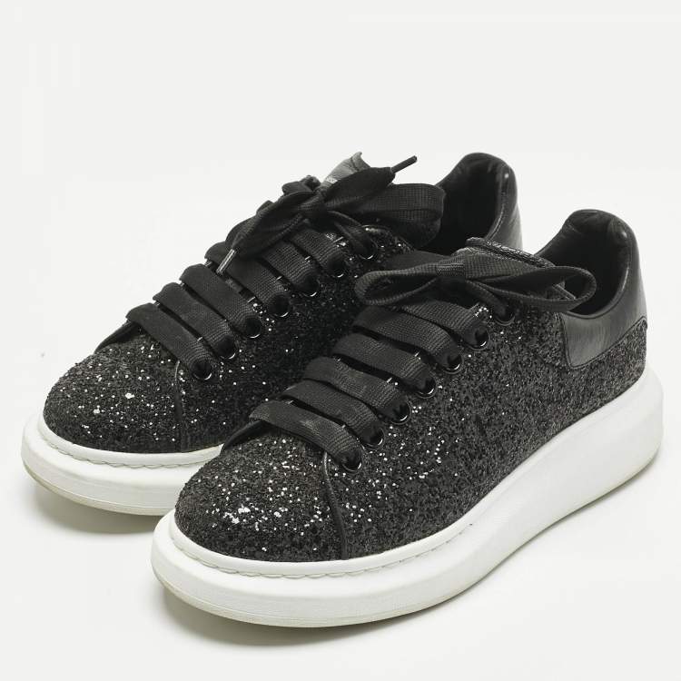 Pre Owned Alexander McQueen Black Glitter and Leather Oversized Sneakers Size 39