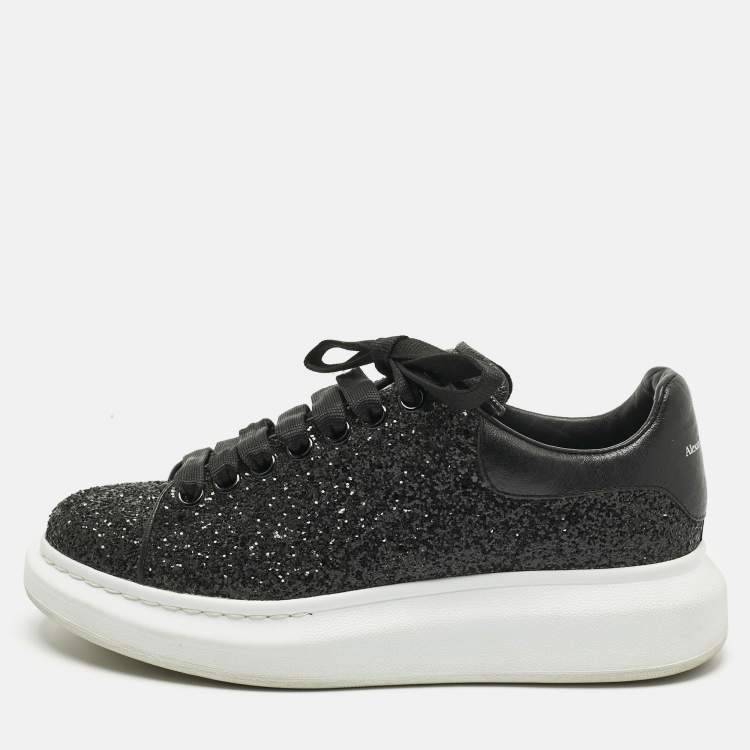Pre Owned Alexander McQueen Black Glitter and Leather Oversized Sneakers Size 39