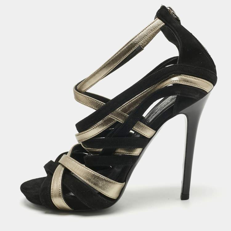 Pre Owned Alexander McQueen Black/Gold Leather and Suede Ankle Strap Sandals Size 37.5