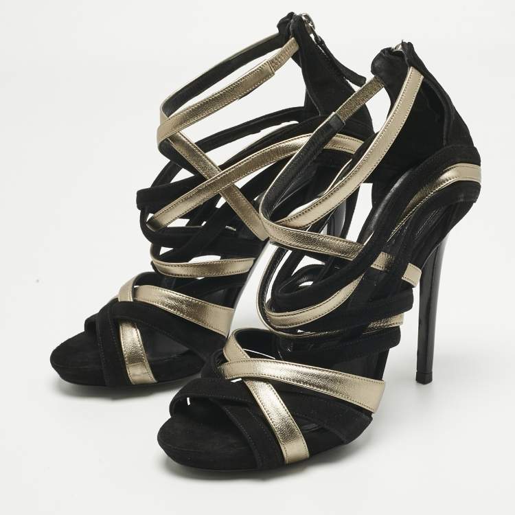 Pre Owned Alexander McQueen Black/Gold Leather and Suede Ankle Strap Sandals Size 37.5