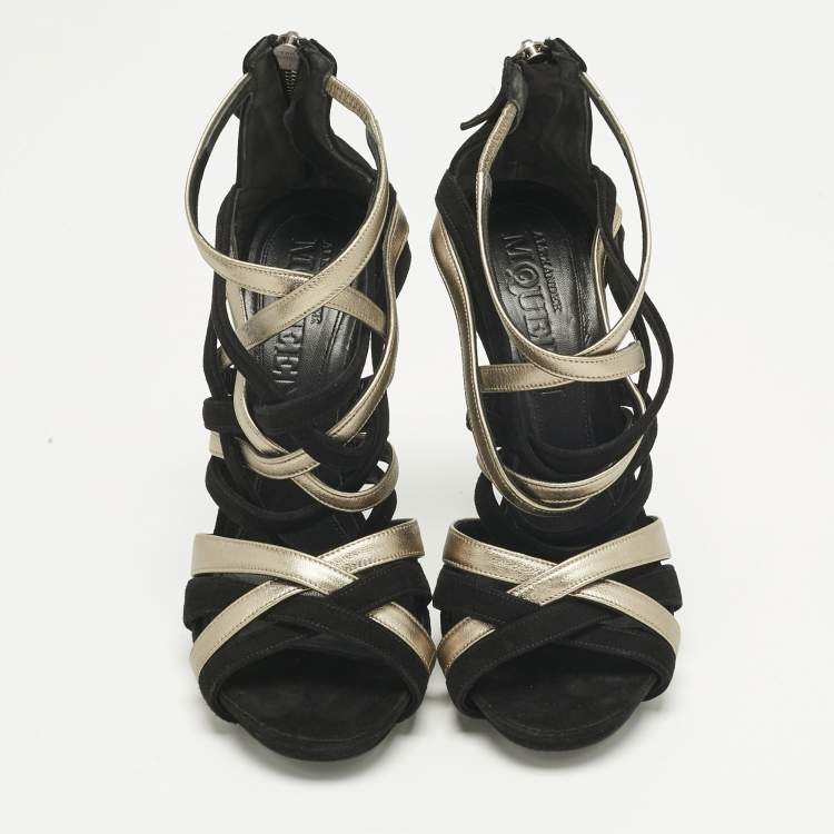 Pre Owned Alexander McQueen Black/Gold Leather and Suede Ankle Strap Sandals Size 37.5