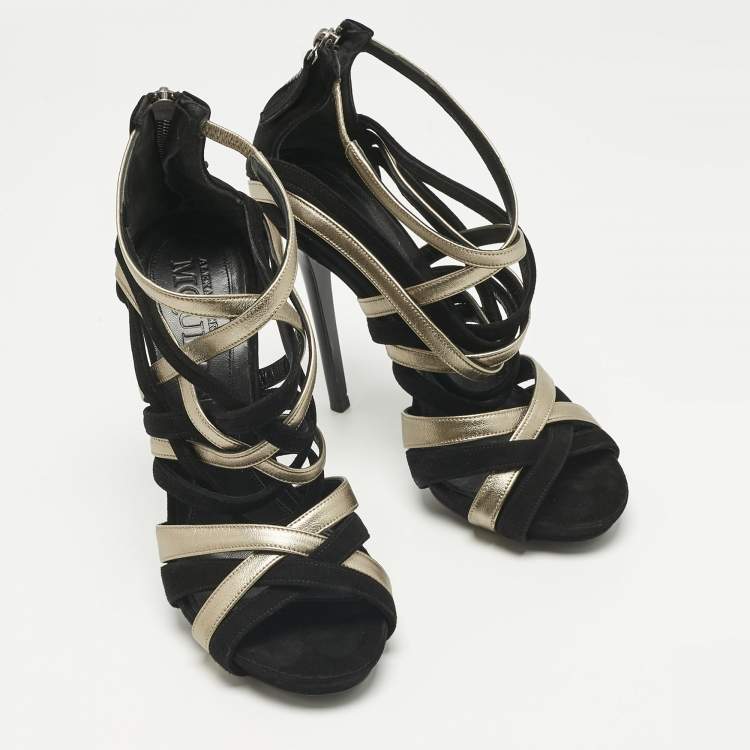 Pre Owned Alexander McQueen Black/Gold Leather and Suede Ankle Strap Sandals Size 37.5