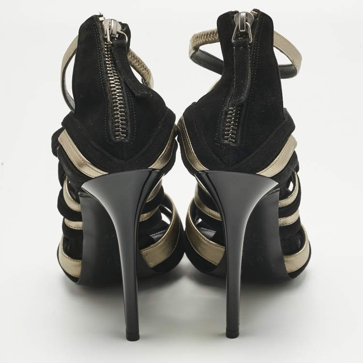 Pre Owned Alexander McQueen Black/Gold Leather and Suede Ankle Strap Sandals Size 37.5