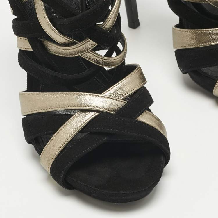 Pre Owned Alexander McQueen Black/Gold Leather and Suede Ankle Strap Sandals Size 37.5