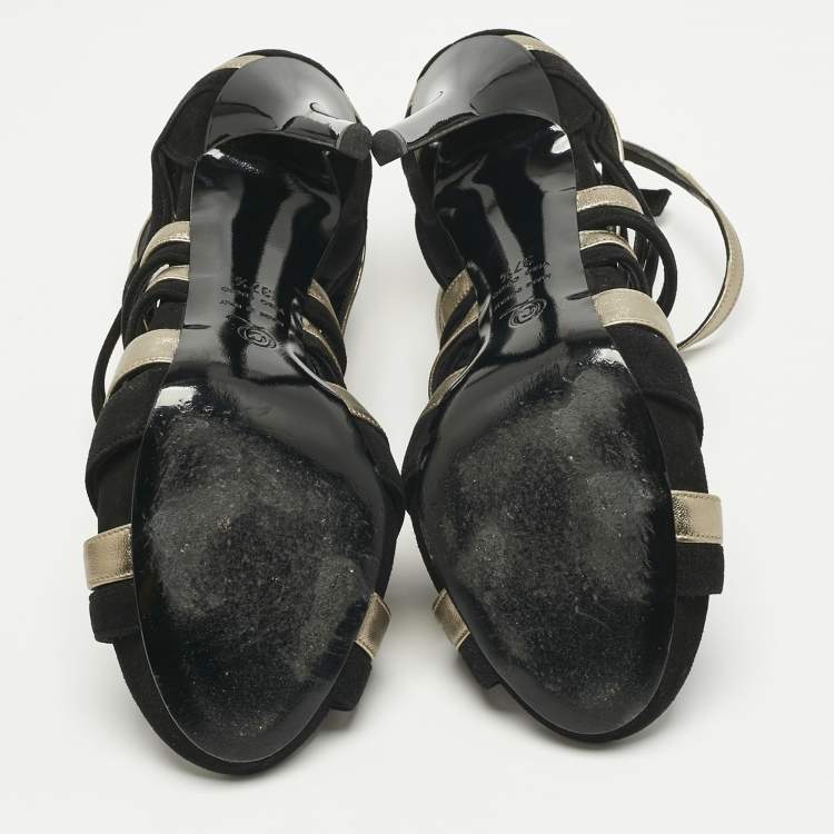 Pre Owned Alexander McQueen Black/Gold Leather and Suede Ankle Strap Sandals Size 37.5
