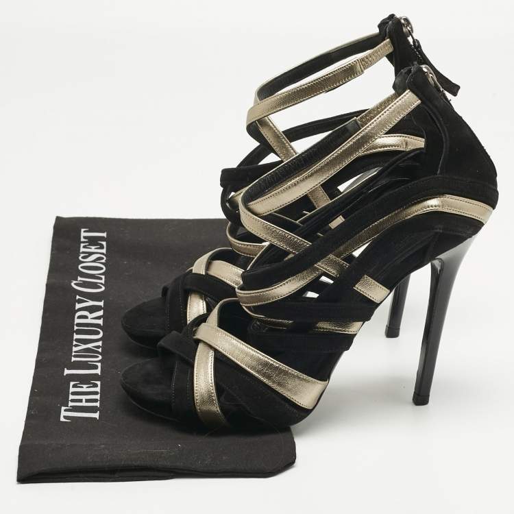 Pre Owned Alexander McQueen Black/Gold Leather and Suede Ankle Strap Sandals Size 37.5