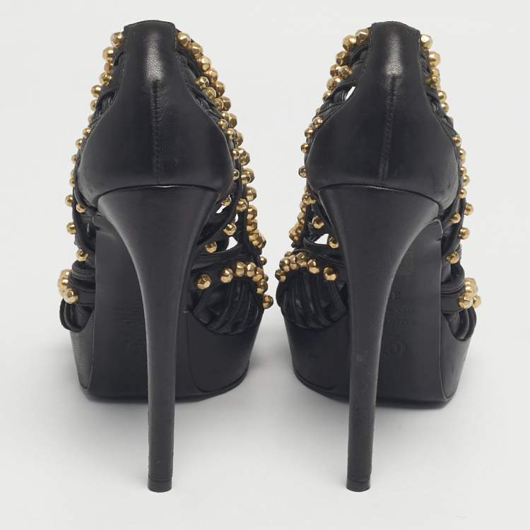 Pre Owned Alexander McQueen Black Cutout Studded Pumps Size 37