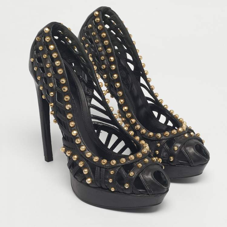 Pre Owned Alexander McQueen Black Cutout Studded Pumps Size 37