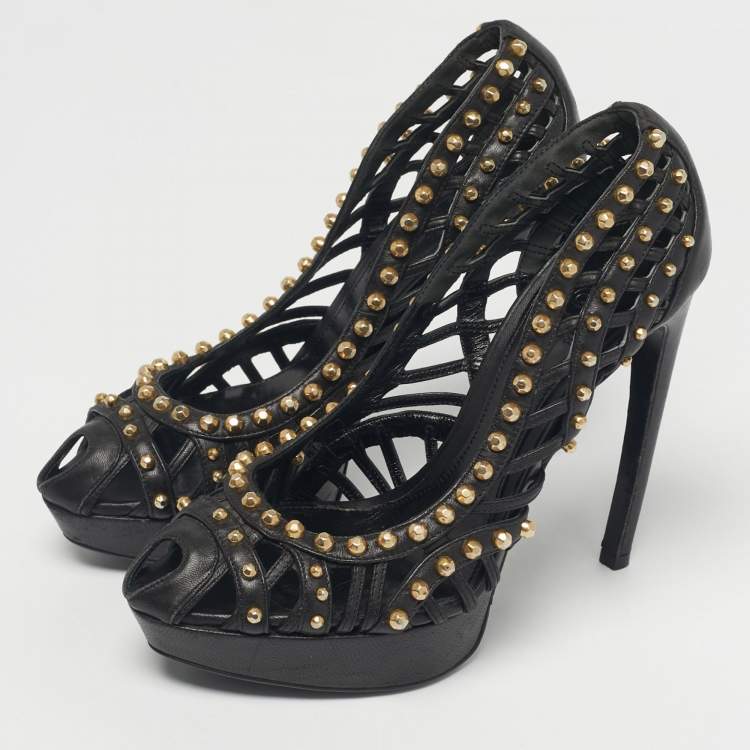 Pre Owned Alexander McQueen Black Cutout Studded Pumps Size 37
