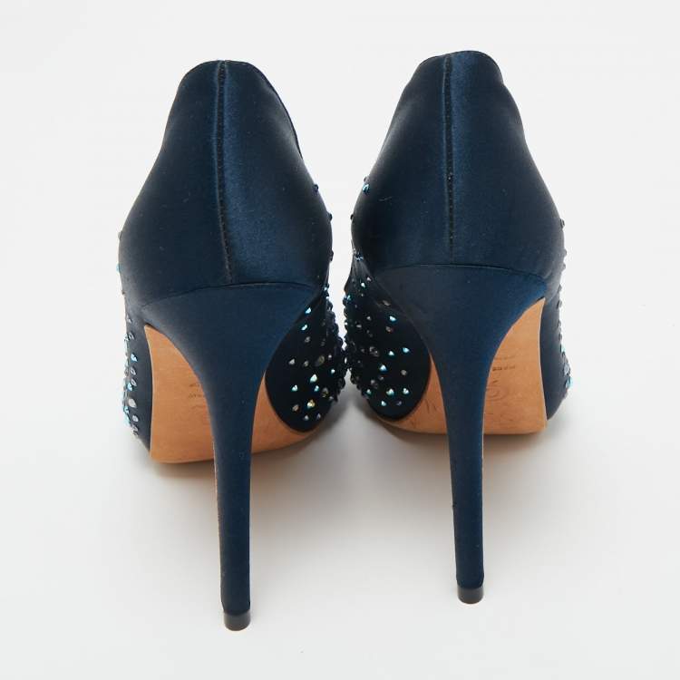Pre Owned Alexander McQueen Navy Blue Satin Crystal Embellished Peep Toe Pumps Size 36