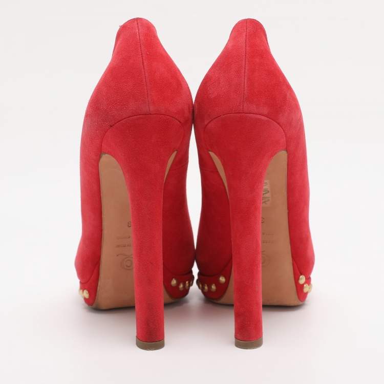 Pre Owned Alexander McQueen Red Suede Skull Peep Toe Pumps Size 39