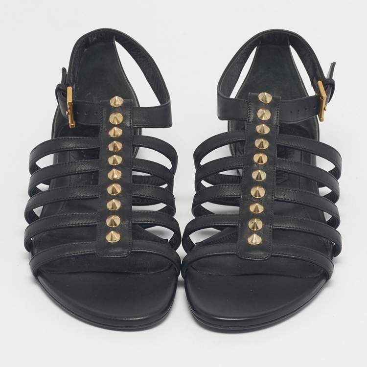 Pre Owned Alexander McQueen Black Leather Studded Flat Sandals Size 38