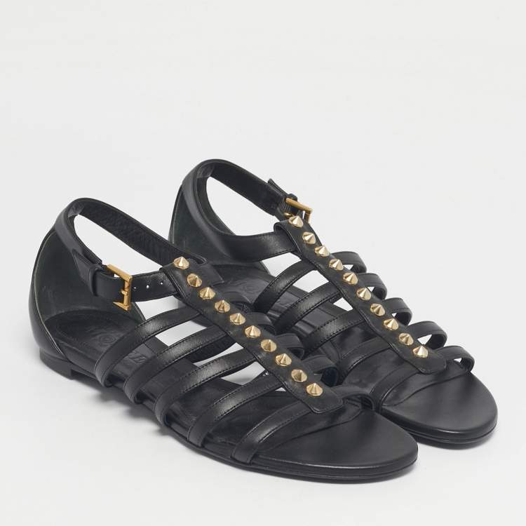 Pre Owned Alexander McQueen Black Leather Studded Flat Sandals Size 38