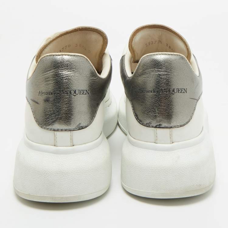 Pre Owned Alexander McQueen White/Metallic Leather Oversized Sneakers Size 38.5