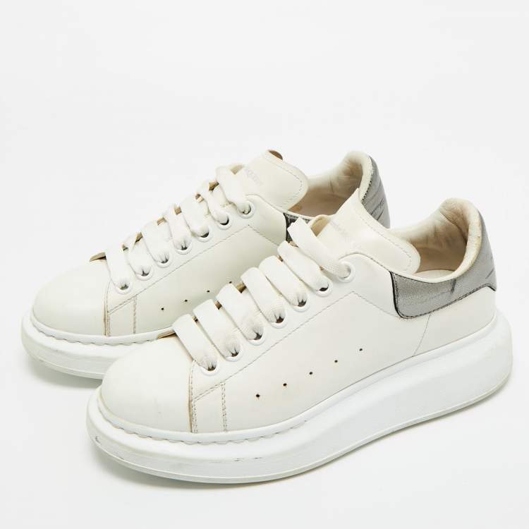 Pre Owned Alexander McQueen White/Metallic Leather Oversized Sneakers Size 38.5