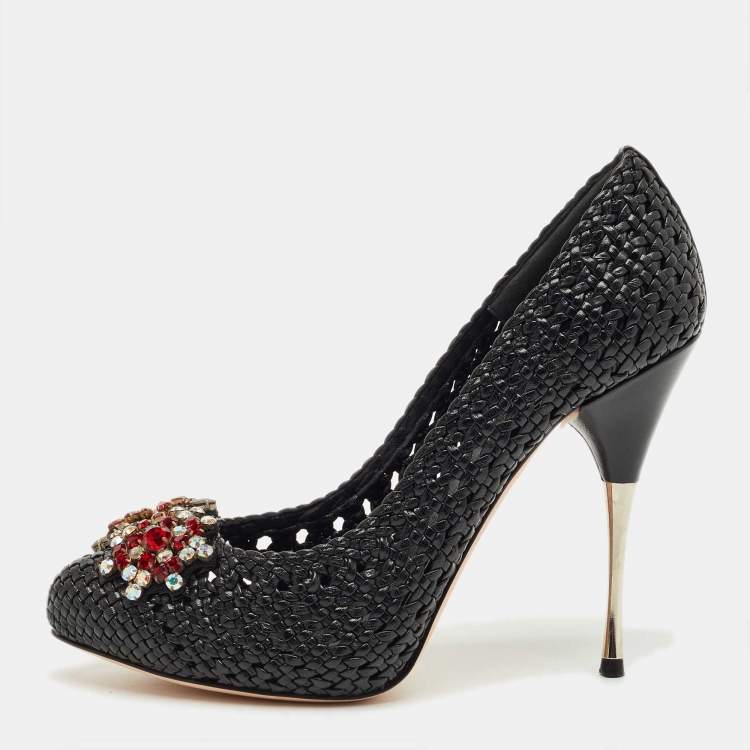 Pre Owned Alexander McQueen Black Woven Leather Crystal Embellish Pumps Size 38.5