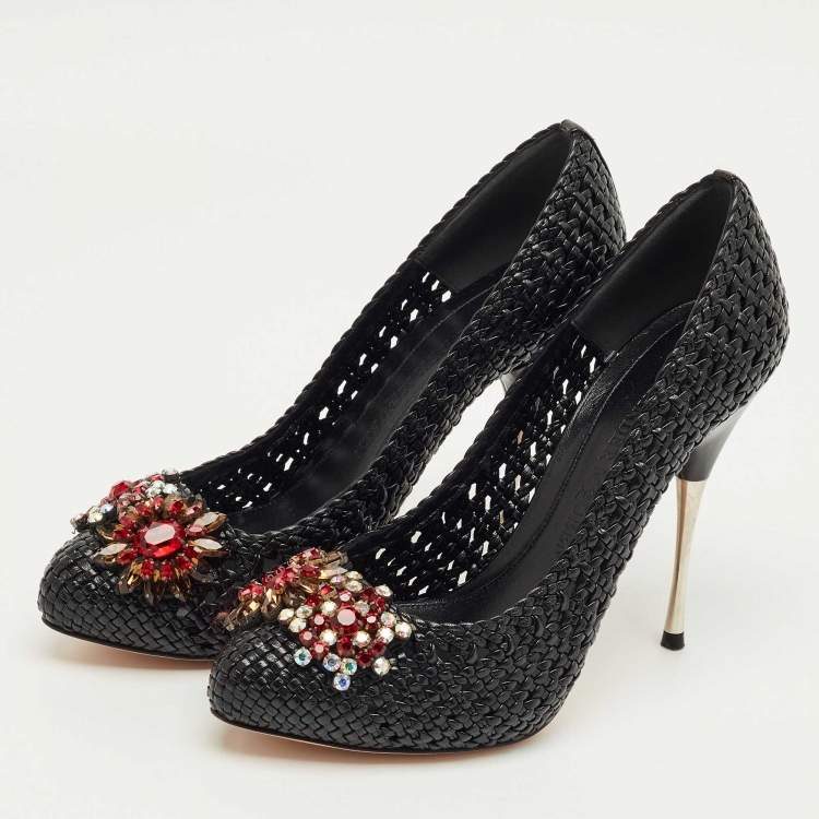 Pre Owned Alexander McQueen Black Woven Leather Crystal Embellish Pumps Size 38.5