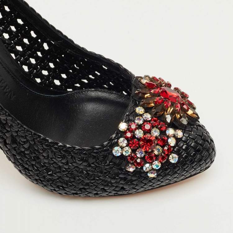Pre Owned Alexander McQueen Black Woven Leather Crystal Embellish Pumps Size 38.5