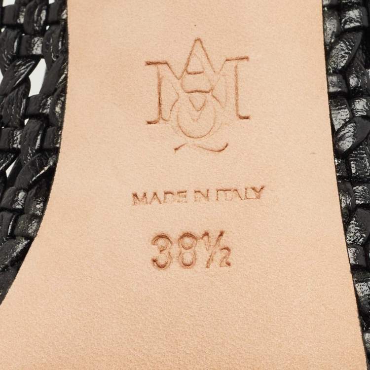 Pre Owned Alexander McQueen Black Woven Leather Crystal Embellish Pumps Size 38.5