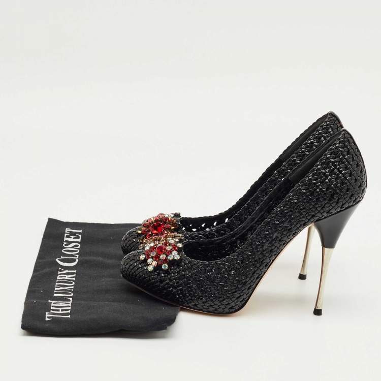 Pre Owned Alexander McQueen Black Woven Leather Crystal Embellish Pumps Size 38.5