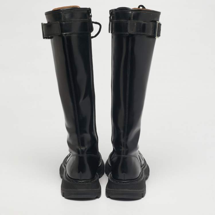 Pre Owned Alexander McQueen Black Leather Tread Knee Length Boots Size 39