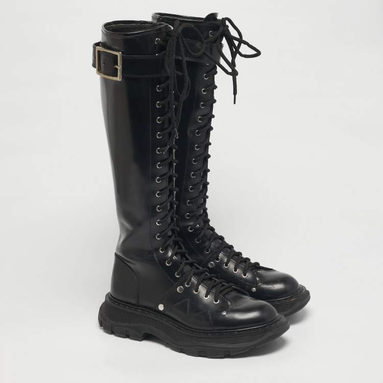 Pre Owned Alexander McQueen Black Leather Tread Knee Length Boots Size 39