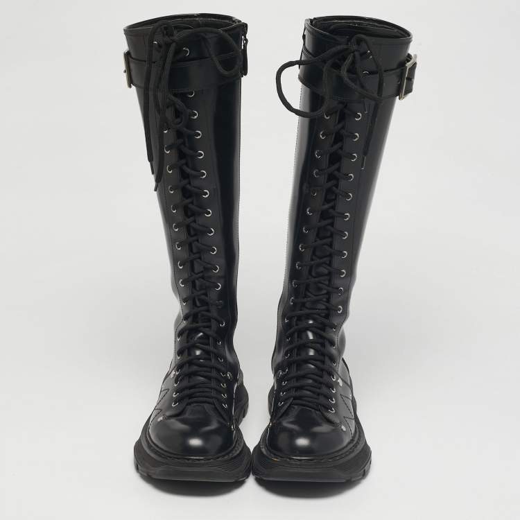 Pre Owned Alexander McQueen Black Leather Tread Knee Length Boots Size 39