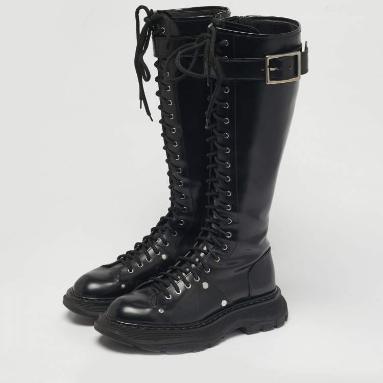 Pre Owned Alexander McQueen Black Leather Tread Knee Length Boots Size 39
