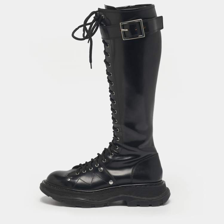 Pre Owned Alexander McQueen Black Leather Tread Knee Length Boots Size 39