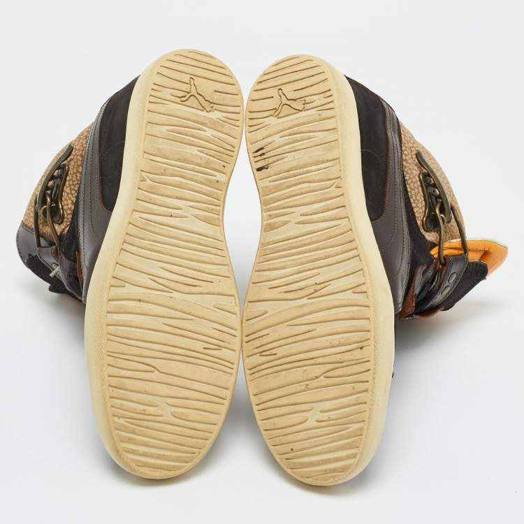 Pre Owned Alexander McQueen Multicolor Croc Embossed Leather and Suede Wedge Sneakers Size 37