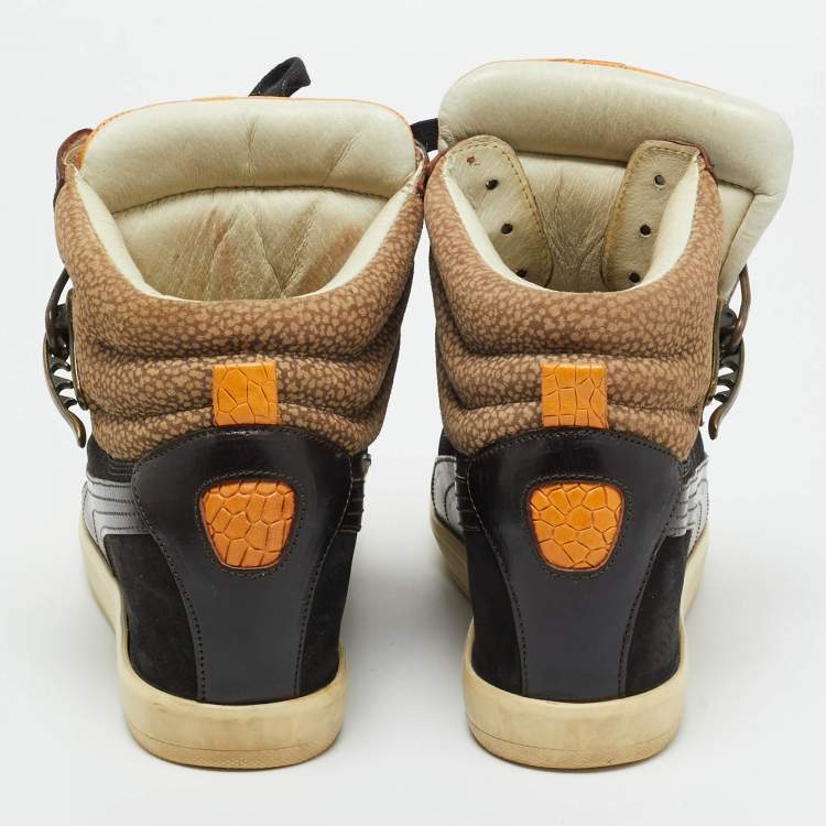 Pre Owned Alexander McQueen Multicolor Croc Embossed Leather and Suede Wedge Sneakers Size 37