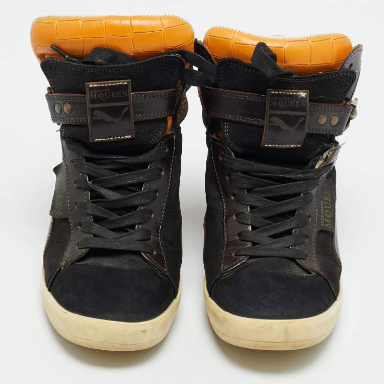 Pre Owned Alexander McQueen Multicolor Croc Embossed Leather and Suede Wedge Sneakers Size 37