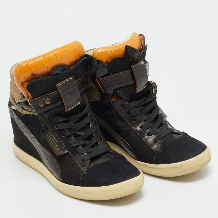 Pre Owned Alexander McQueen Multicolor Croc Embossed Leather and Suede Wedge Sneakers Size 37