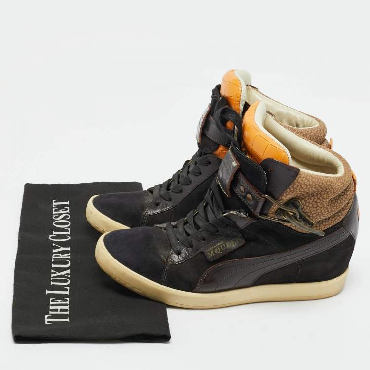 Pre Owned Alexander McQueen Multicolor Croc Embossed Leather and Suede Wedge Sneakers Size 37