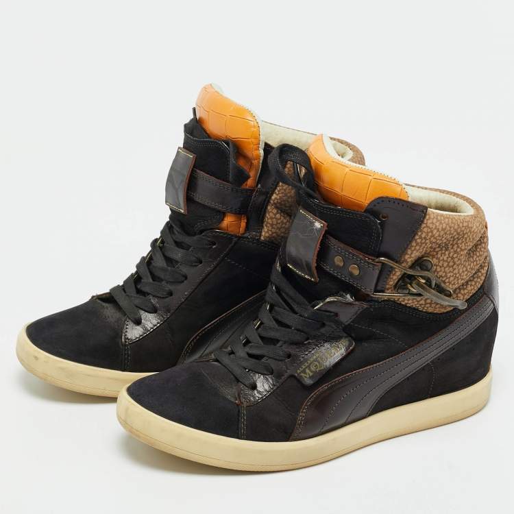 Pre Owned Alexander McQueen Multicolor Croc Embossed Leather and Suede Wedge Sneakers Size 37