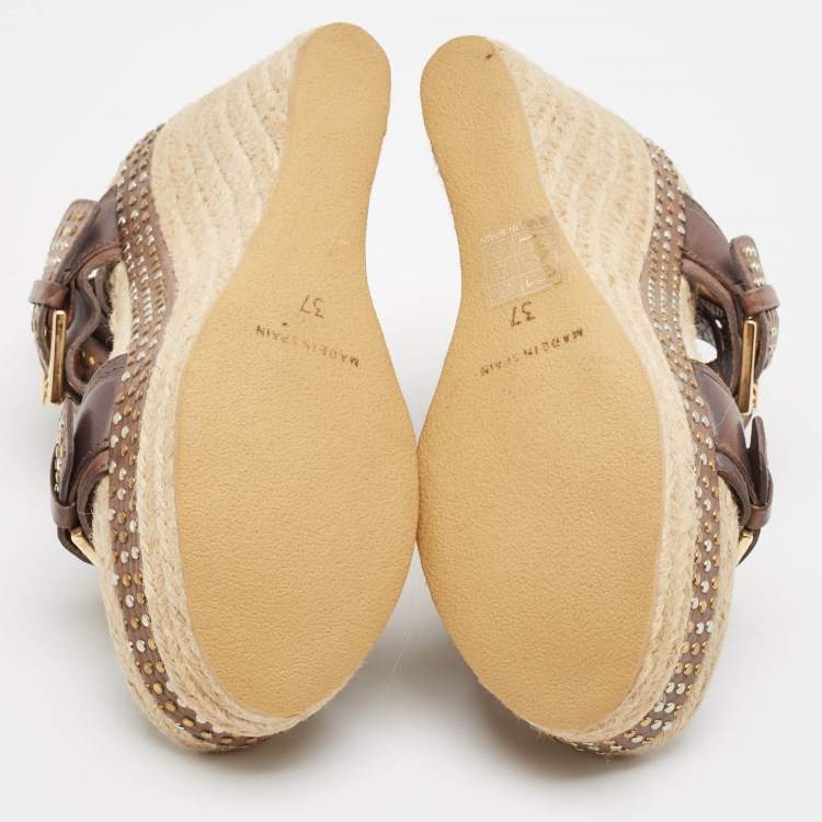 Pre Owned Alexander McQueen Brown/Beige Jute and Leather Wedge Ankle Strap Sandals Size 37