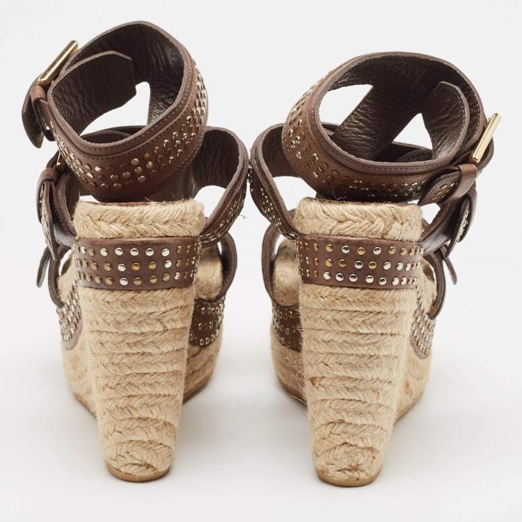Pre Owned Alexander McQueen Brown/Beige Jute and Leather Wedge Ankle Strap Sandals Size 37